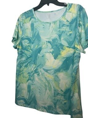 NWOT Ideology Top Teal and Yellow abstract Stretch Tee XL
